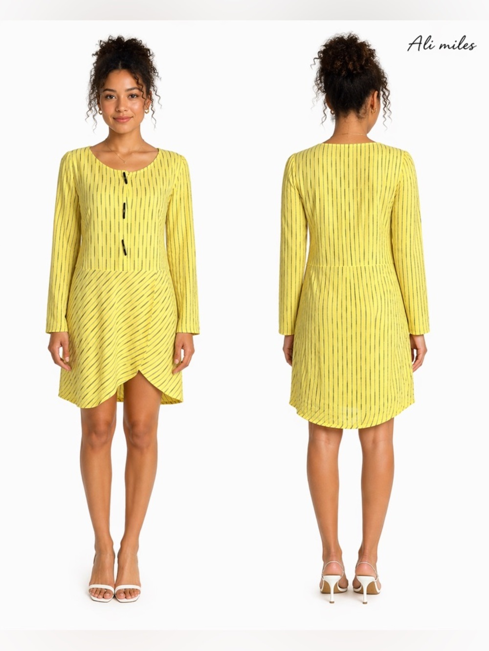 Ali Miles Yellow Striped Layered Hem Dress‎ Size Medium 3/4 Sleeve lagenlook